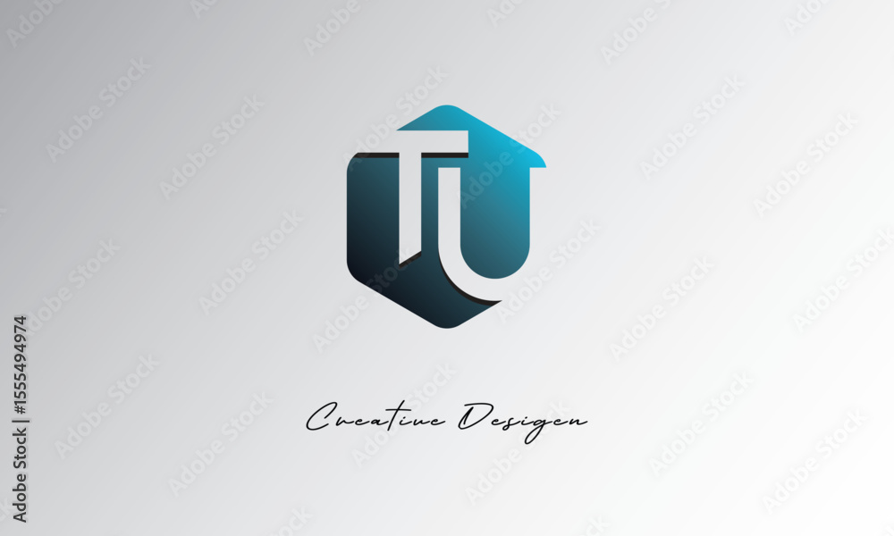 Fototapeta premium TU Creative Polygon Logo – Modern Negative Space Lettermark with Geometric Hexagon Shape for Futuristic Branding, Corporate Identity & Tech Design