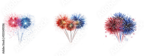 Three colorful fireworks against a white background.