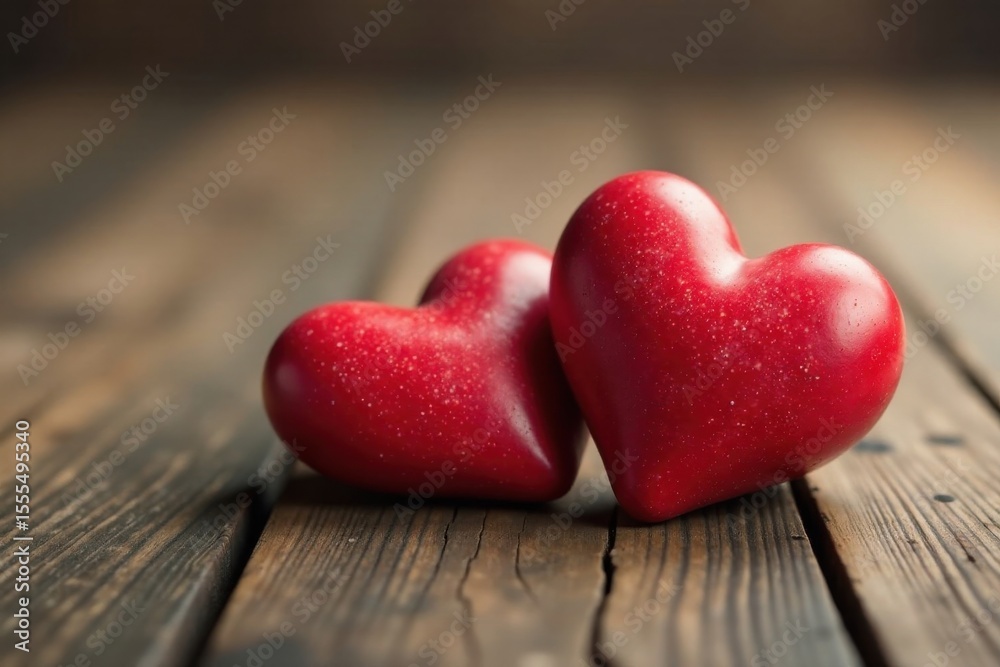 Obraz premium Two Red Hearts Resting on Rustic Wooden Surface, a Symbol of Love and Affection