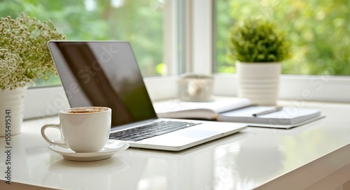 A modern laptop and a cup of coffee sit on a clean white desk next to a vase of flowers and a potted plant with a blurred green natural background