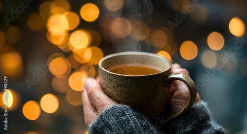 Hands holding a warm mug of tea with steam rising against a soft bokeh background of golden lights evoking a cozy and comforting atmosphere