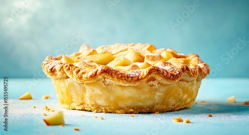 A delicious golden brown apple pie with a lattice crust and powdered sugar dusting sits on a light blue surface with scattered apple pieces and a soft blue background