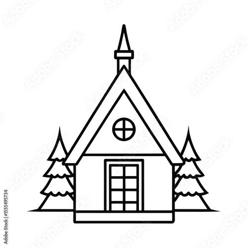 Charming nordic style christmas house illustration with festive red roof and white snow on a clean white background