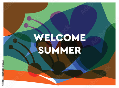 Abstract colorful summer background with bold tropical shapes and vibrant color blocks. Features the phrase 'Welcome Summer' in modern typography, ideal for seasonal promotions, 003