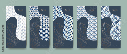 Wallpaper Mural Stylized Japanese seamless patterns combining waves and abstract geometry. Perfect for packaging, wrapping, stationery, product background, and decorative use. Torontodigital.ca
