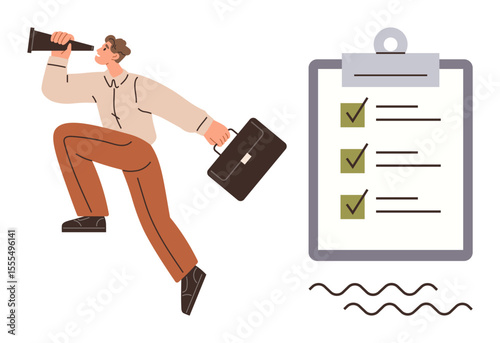 Person holding a briefcase and telescope representing planning, discovery, and goal-setting next to a clipboard checklist with completed tasks. Ideal for productivity, business strategy, planning