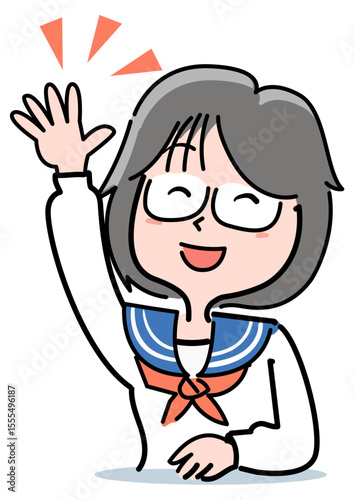 メガネの中学生女子-手をあげる