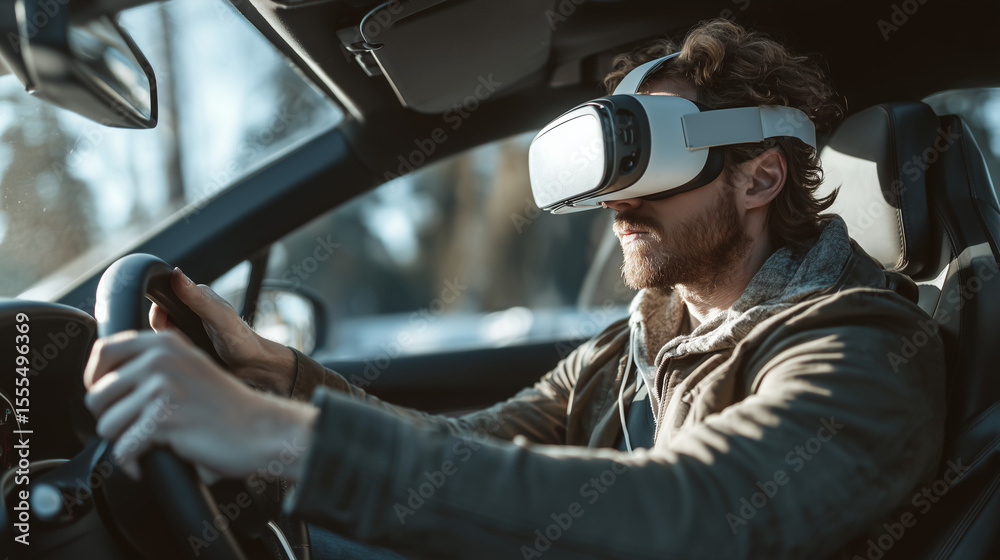 Obraz premium A man driving a car while wearing a VR headset, futuristic concept of virtual reality technology, innovation, danger, and immersive digital experience in modern transportation.
