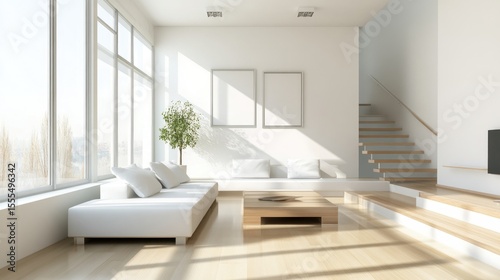 Modern, bright living room with large windows, white furniture, and wooden accents