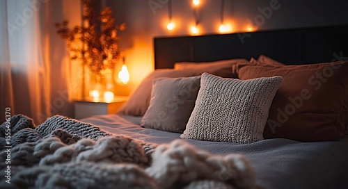 Cozy bedroom scene with warm ambient lighting from string lights and a bedside lamp creating a relaxing and inviting atmosphere with plush pillows and a textured blanket