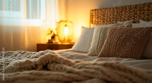 Cozy bedroom scene with a large knitted blanket and textured pillows bathed in warm ambient light from a bedside lamp creating a serene and inviting atmosphere