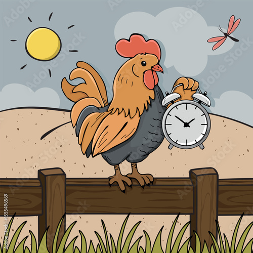 rooster holding alarm clock, vector color sketch, rooster and alarm clock vector