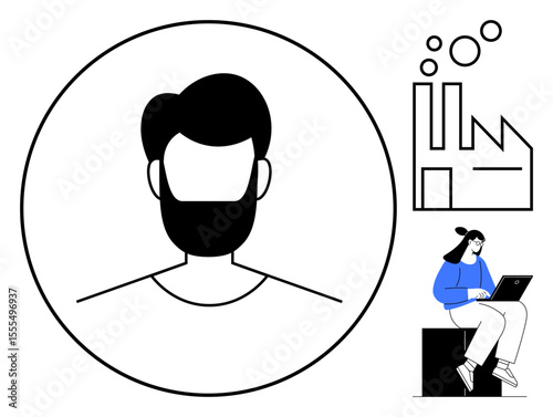 Black and white portrait, factory outline emitting bubbles, and a seated woman using a laptop. Ideal for identity, work, productivity, innovation, design teamwork and industry concepts. Simple flat