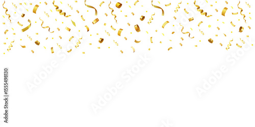 Gold party streamers and small Gold shiny realistic confetti. Celebration golden confetti party decor