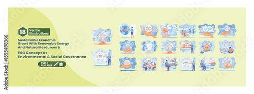 Set of illustrations depicting sustainability and environmental social governance concept. Mega set.