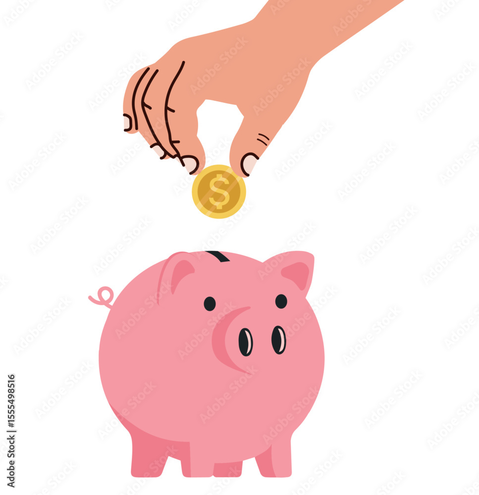 Fototapeta premium Hand Putting Coin in Piggy Bank Illustration