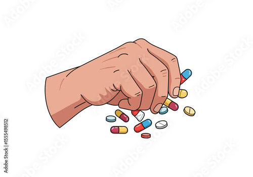 A hand with pills spilling out from between fingers on a white backdrop