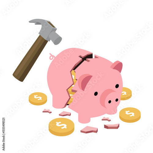 Broken Piggy Bank with Hammer and Coins Savings Concept