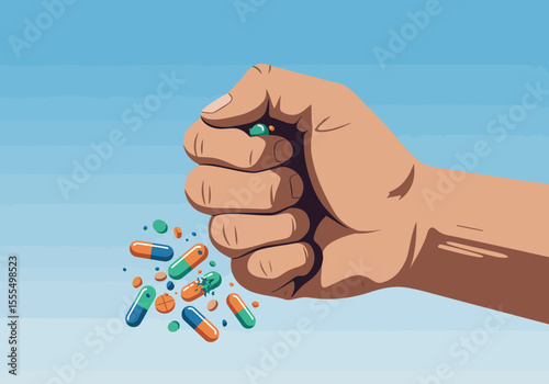 A tan hand clenches a mix of green blue and orange capsules and tablets against a blue sky background