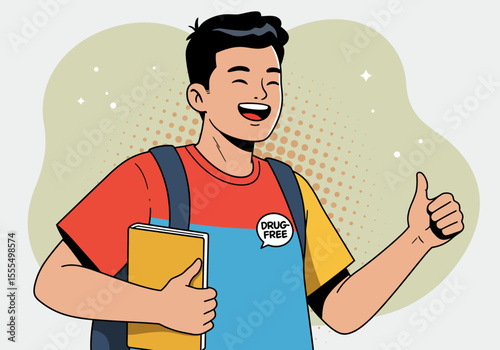 Cheerful boy with backpack book and DrugFree button gives a thumbsup