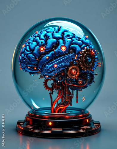 Steampunk AI Brain in Glass Dome with Gears and Glowing Copper Cables