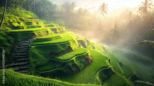 Lush terraced rice paddies in a tropical landscape.