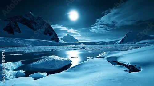 Snowy landscape with icebergs under a full moon