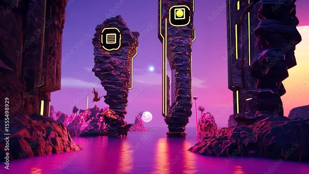 Alien landscape with vibrant, purple water and futuristic rock formations