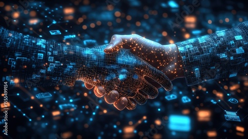 Hands Shaking with Digital Grid and Node - Covered Arms, Representing Digital Partnership and Tech Collaboration