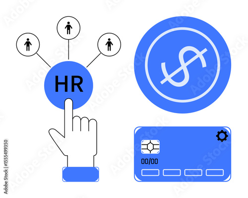 Pointing hand towards HR icon connecting people, highlighted dollar symbol, and credit card design. Ideal for hiring, employee management, payroll, finance, digital tools, banking simple flat