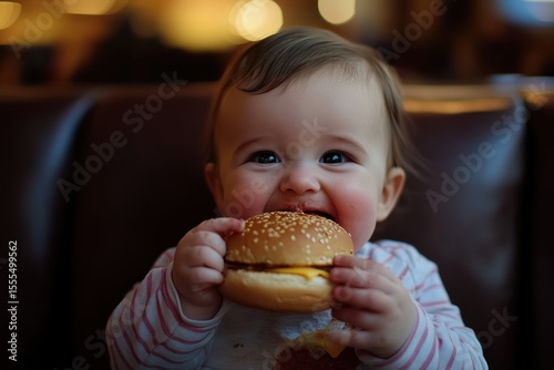 Chubby-cheeked baby giggling while eating hamburger, messy and adorable
