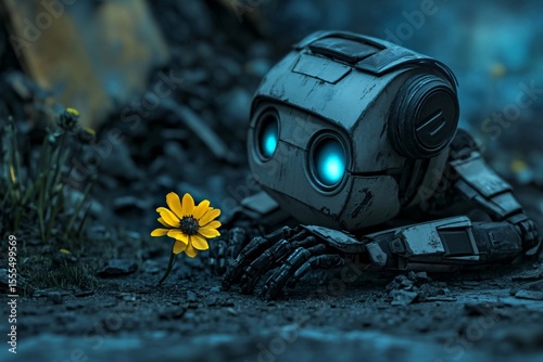 Robot in futuristic post apocalyptic landscape with glowing eyes looking at a flower. Artificial intelligence in a dystopian world.