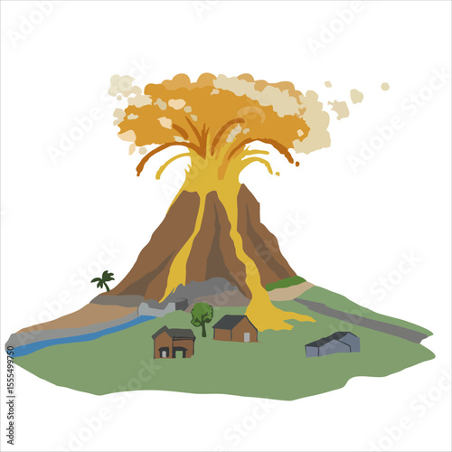 Volcano eruption illustration  lava flow vector  natural disaster drawing. Good for book illustration, poster or cover book