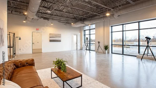 Open, bright studio with sofa, table, tripods, natural light