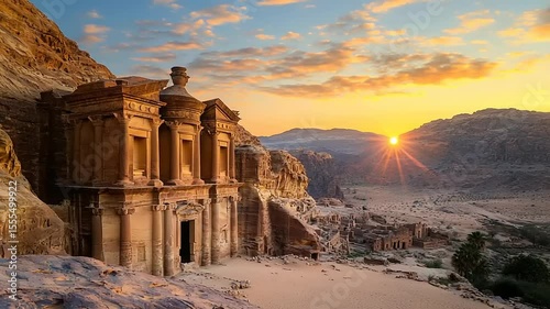 Ancient sandstone structure at sunrise in a desert landscape.