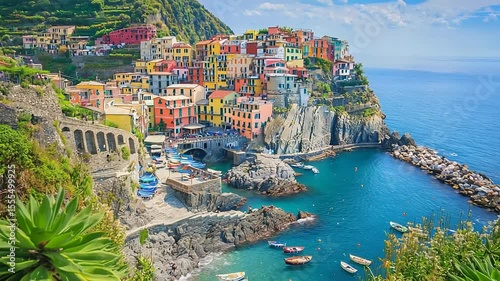 Colorful town perched on a rocky coastline