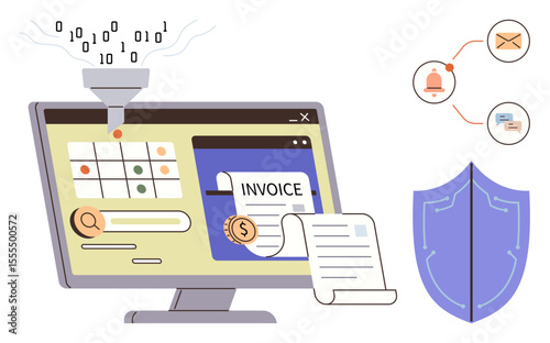 Computer interface with invoice processing, data funnel, shield, notification icons, and analytics. Ideal for finance, accounting, digital security, automation business workflow data analysis