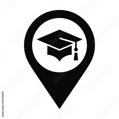 Education Location Icon: An elegant and minimalist icon presents a mortarboard within a location pin, signifying educational institutions and learning destinations.