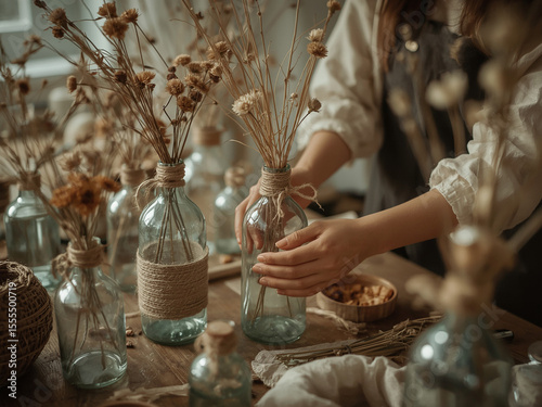 Hands Upcycling Glass Bottles into Home Decor