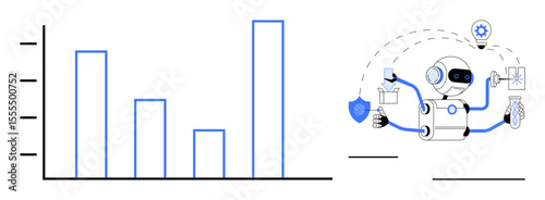 Robot automating tasks while a bar chart represents performance analysis. Ideal for AI, automation, productivity, data analytics, innovation, technology, and research. Simple flat metaphor