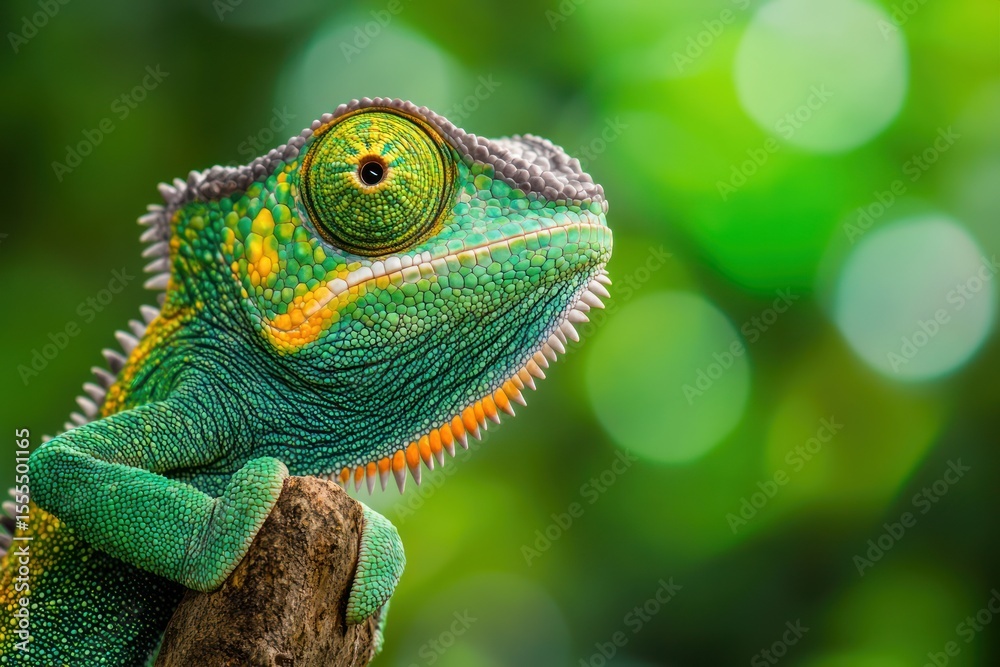 Fototapeta premium Chameleon looking up from its perch, green and yellow accents, wildlife portrait