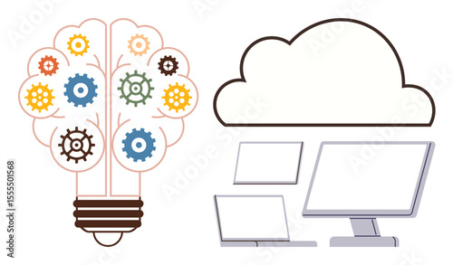 Light bulb with colorful gears symbolizing innovation, next to cloud and multiple digital devices. Ideal for technology, cloud computing, innovation, data sharing, networking, digital transformation