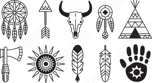 Native American icons dreamcatcher axe feather sun teepee hand black white