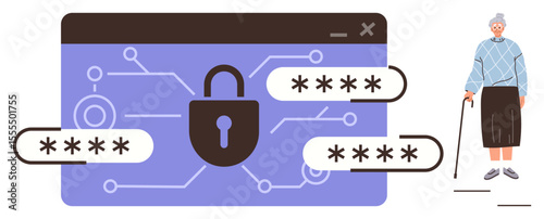 Lock icon with passwords and circuit design emphasizes internet security. Elderly person conveys accessibility and inclusion. Ideal for online safety, data encryption, digital support, privacy
