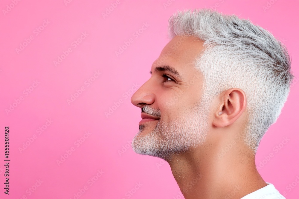 Fototapeta premium Concept layout design idea of style for aging men. Chic men's high fade haircut - midlife middle eastern man with short hair. A trendy and poised male showing charm. Pink solid background.