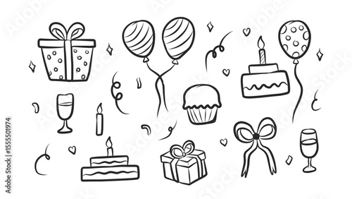 Hand-Drawn Doodle Collection of Party Elements and Birthday Celebration Decorations
