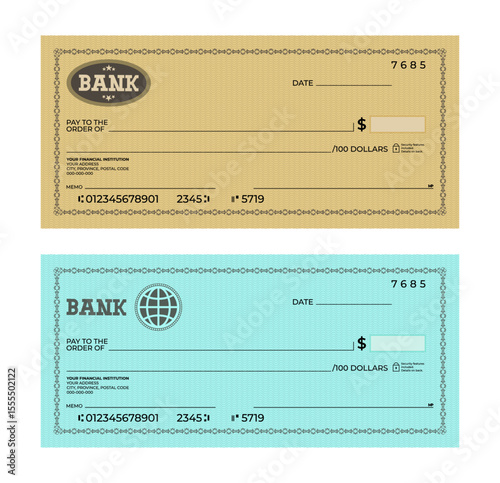 Collection of bank check template isolated on a white background. Bank cheque template set