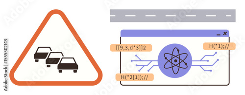 Traffic congestion warning sign alongside a digital interface displaying algorithms and an atomic model. Ideal for science, AI, automation, data analysis, road safety, transportation, and a simple