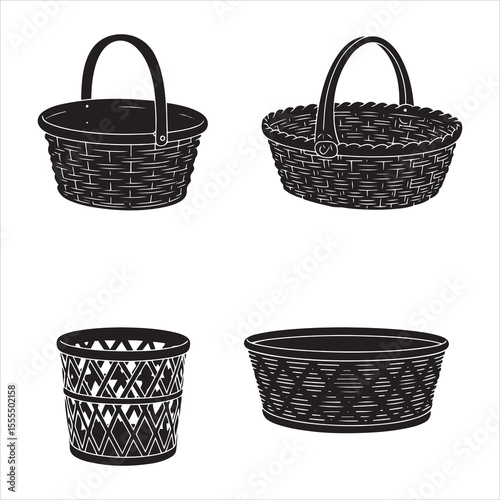 Collection of four black silhouettes of woven baskets and containers