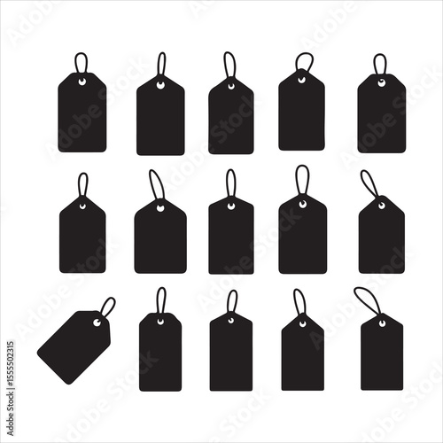 Collection of black blank price tags with string attached on white background
